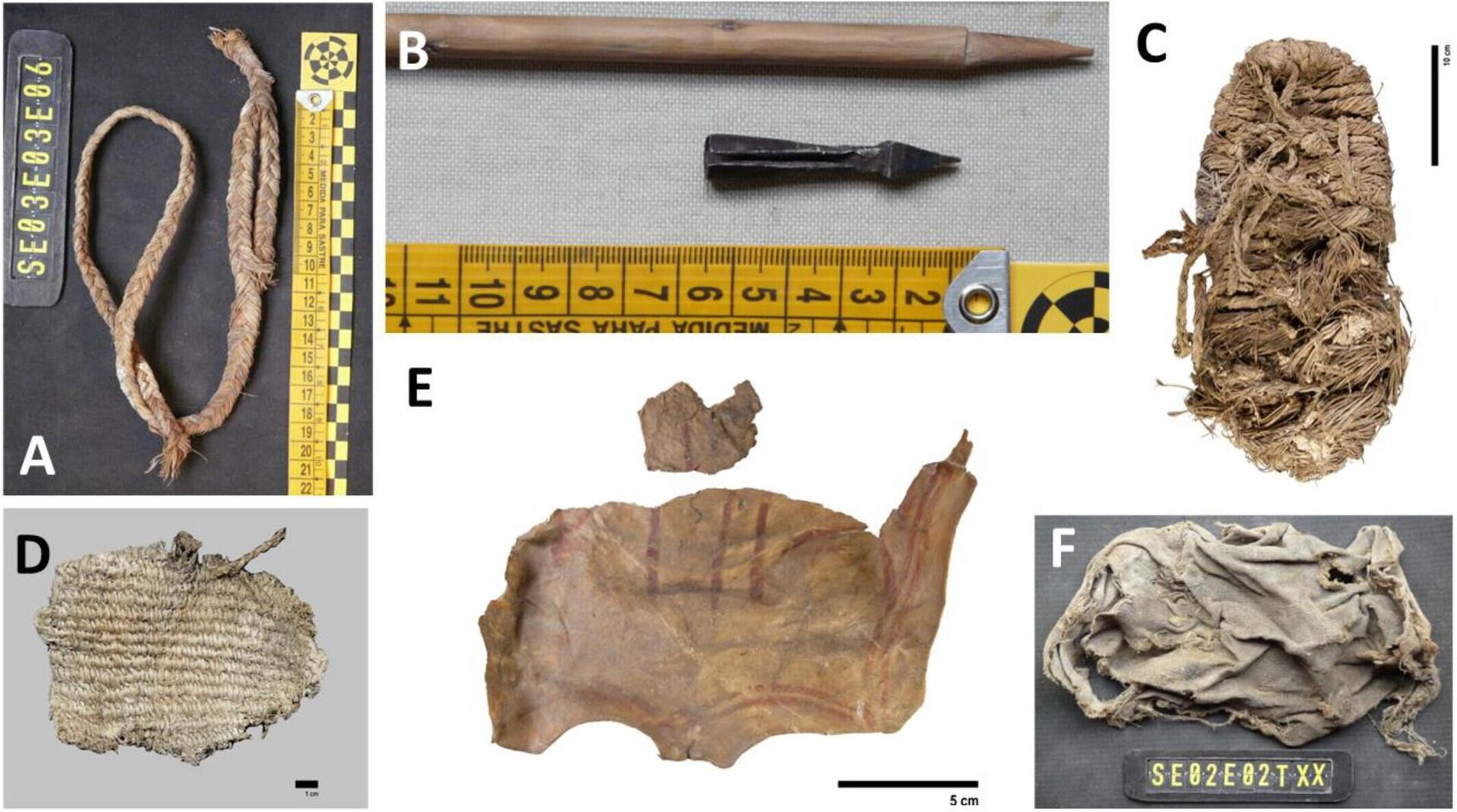 Coleção de materiais artesanais encontrados em ninhos antigos de pilares-de-barbela