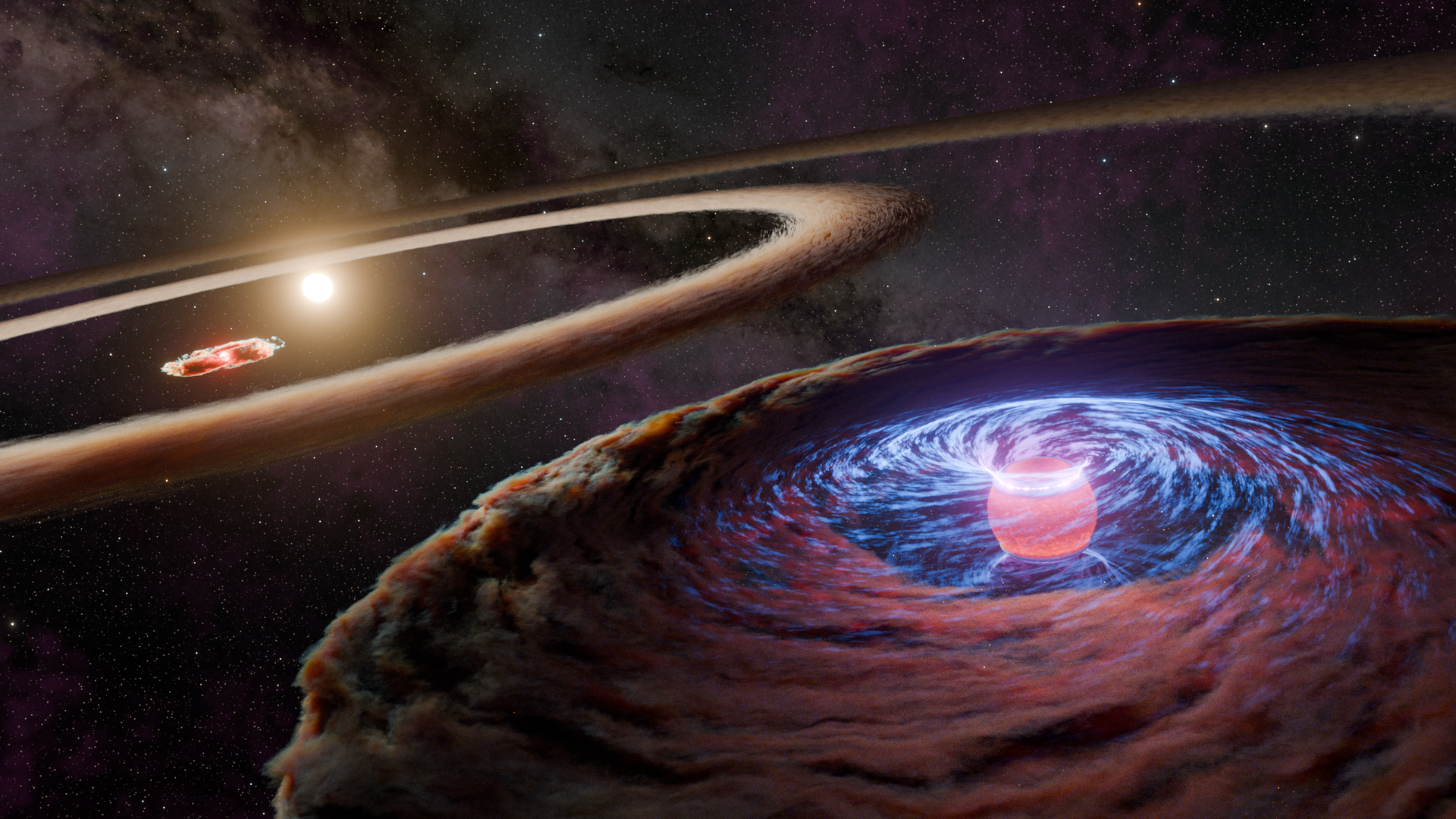 Conceito artístico descreve o protoplaneta WISPIT 2b acumulando matéria enquanto orbita em torno de sua estrela, WISPIT 2