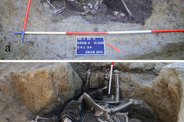 O poço durante diferentes fases de escavação mostrando a posição dos esqueletos - Sputnik Brasil