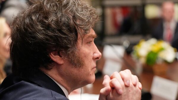 O presidente da Argentina, Javier Milei, ouve durante uma reunião com o presidente Donald Trump na Sala do Gabinete da Casa Branca, 14 de outubro de 2025, em Washington - Sputnik Brasil