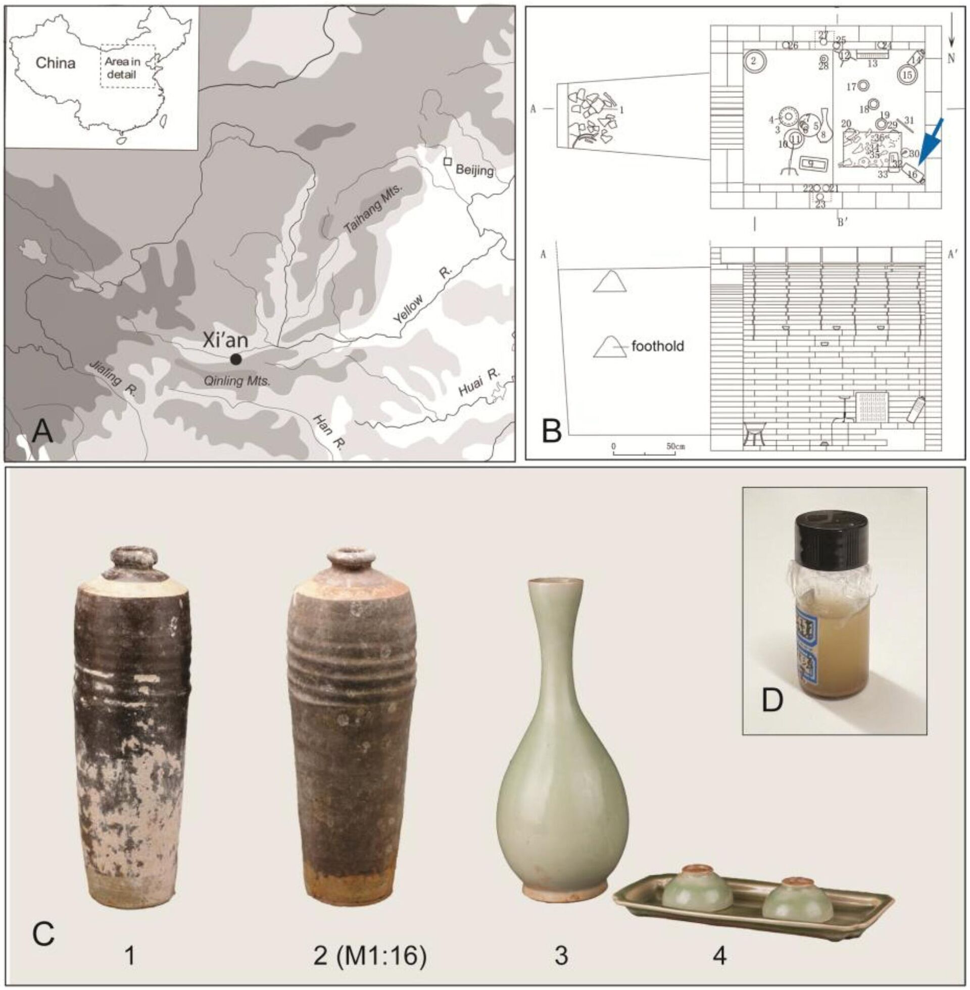 Objetos e vasilhas encontrados no túmulo de um oficial de alto escalão da dinástia Jin na China Objetos e vasilhas encontrados no túmulo de um oficial de alto escalão da dinástia Jin na China