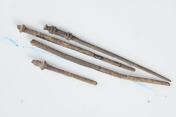 No detalhe, os pinos de metal recuperados do tesouro da era romana perto de Borsum, Hildesheim, na Alemanha - Sputnik Brasil