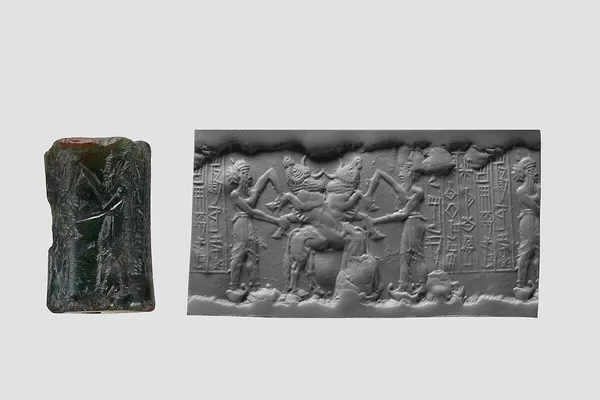 Um selo cilíndrico acádio, datado de aproximadamente 2350-2150 a.C., Turquia Um selo cilíndrico acádio, datado de aproximadamente 2350-2150 a.C., Turquia - Sputnik Brasil