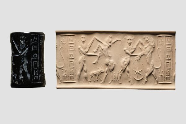 Selo cilíndrico acádio feito de serpentina, datado de aproximadamente 2250-2150 a.C., Turquia - Sputnik Brasil