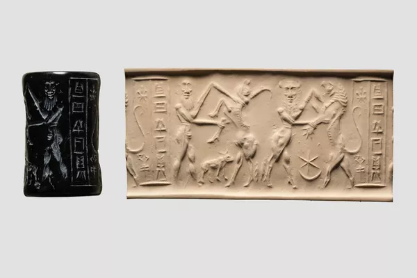 Selo cilíndrico acádio feito de serpentina, datado de aproximadamente 2250-2150 a.C., Turquia Selo cilíndrico acádio feito de serpentina, datado de aproximadamente 2250-2150 a.C., Turquia - Sputnik Brasil