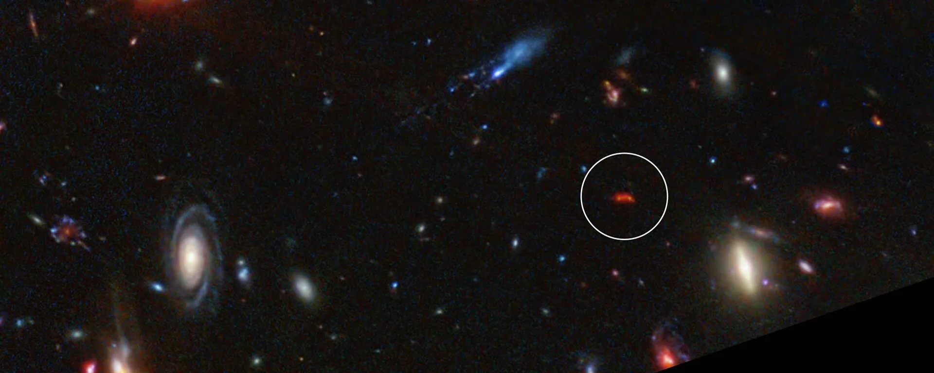 A galáxia Y1 brilha em vermelho intenso devido à poeira aquecida por novas estrelas A galáxia Y1 brilha em vermelho intenso devido à poeira aquecida por novas estrelas - Sputnik Brasil, 1920, 12.11.2025