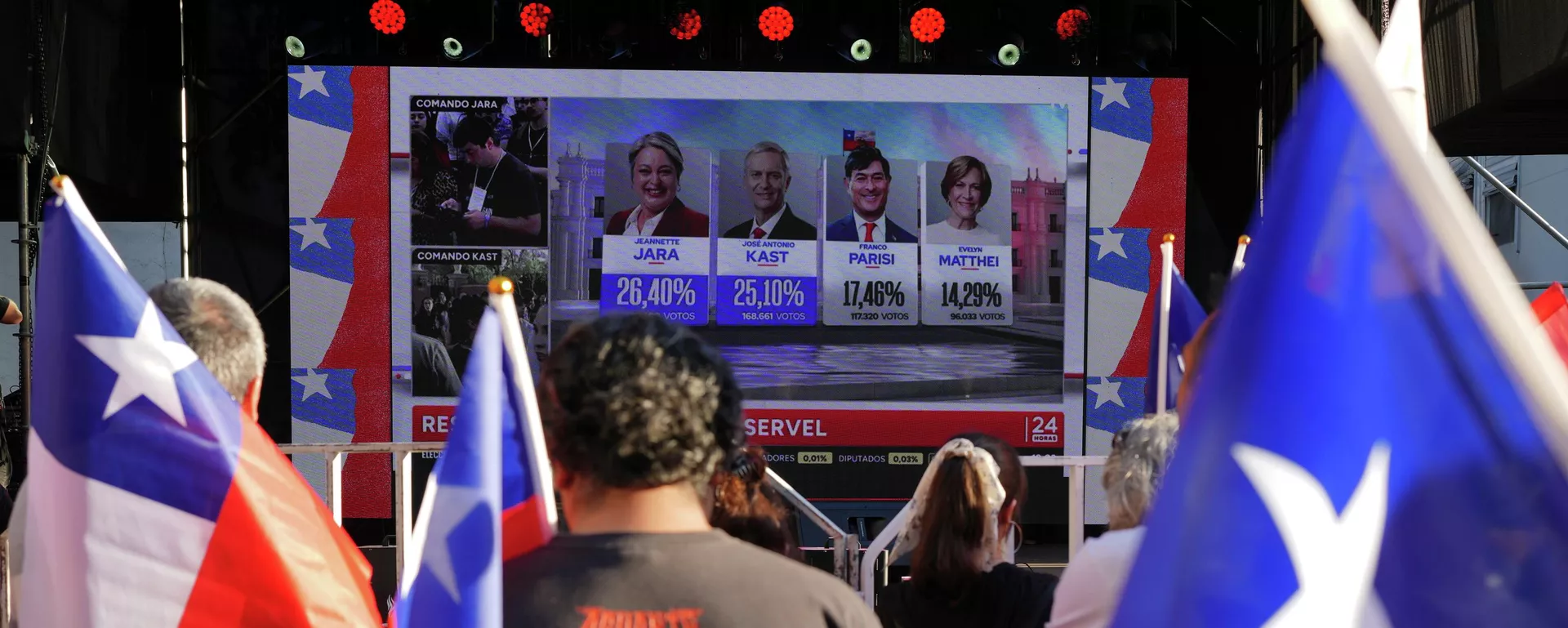Os chilenos acompanharam a apuração dos votos em telões na capital do país, Santiago, em novembro de 2025 - Sputnik Brasil, 1920, 14.12.2025