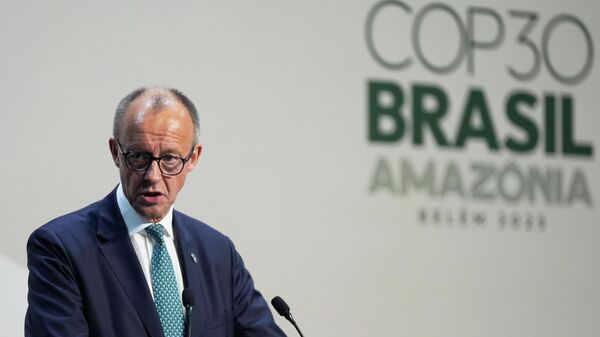 O chanceler da Alemanha, Friedrich Merz, durante coletiva de imprensa na COP30, em Belém (PA), em novembro de 2025 - Sputnik Brasil