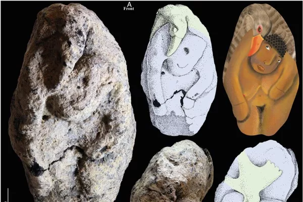 Estatueta de mulher-ganso do período Natufiano Tardio (#M/0374) de Nahal Ein Gev II. O objeto é mostrado em vários ângulos, incluindo vistas frontal, superior, esquerda e posterior esquerda - Sputnik Brasil