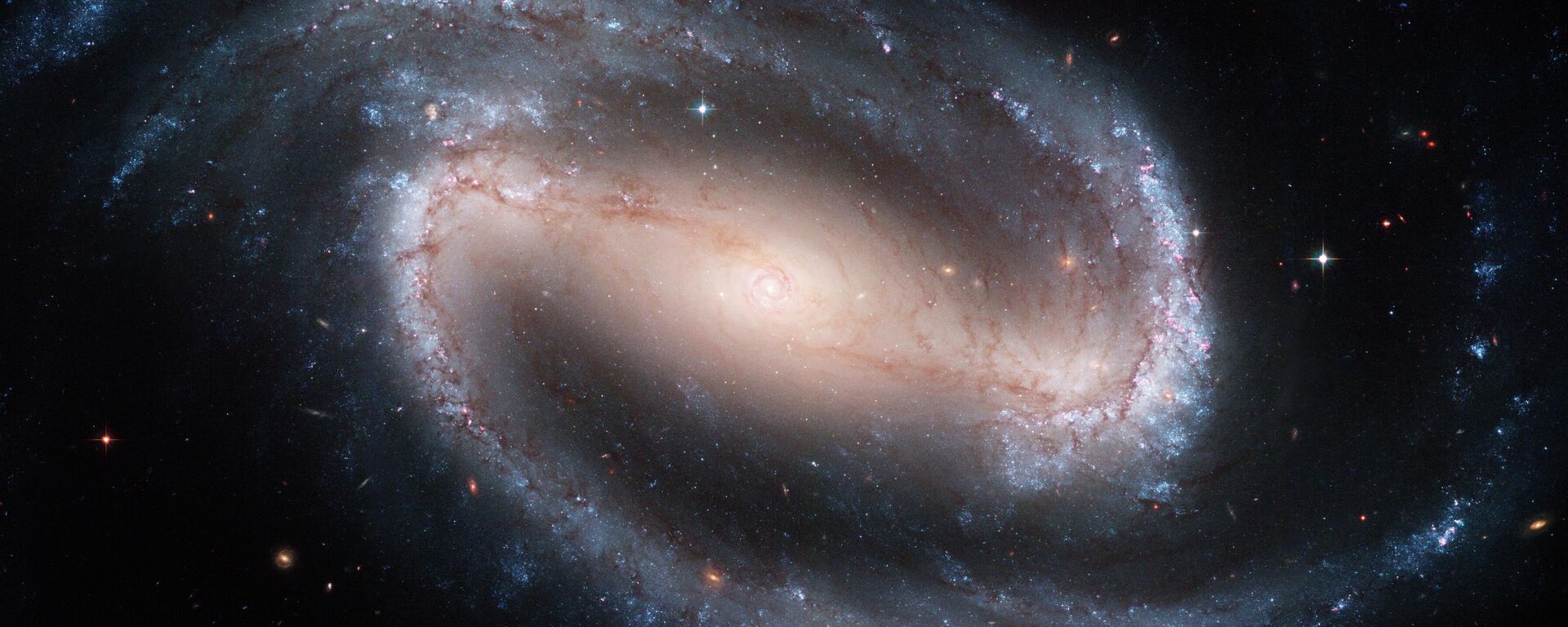 O telescópio Hubble capturou um espetáculo de luz estelar, gás brilhante e silhuetas de nuvens escuras de poeira interestelar nesta imagem de 1,2 m por 2,4 m da galáxia espiral barrada NGC 1300, considerada um protótipo das galáxias espirais barradas - Sputnik Brasil, 1920, 24.11.2025