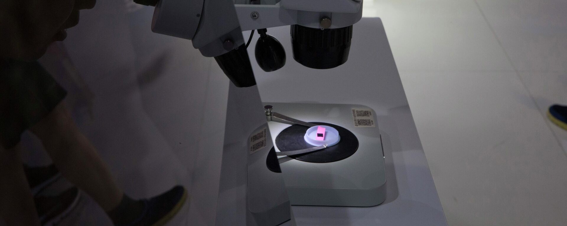 Visitante de exposição em Pequim observa chip em um microscópio do projeto Tsinghua Unigroup, controlado pelo Estado chinês, que se tornou um campeão nacional das ambições nacionais no setor de semicondutores. China, 17 de maio de 2018 - Sputnik Brasil, 1920, 26.11.2025