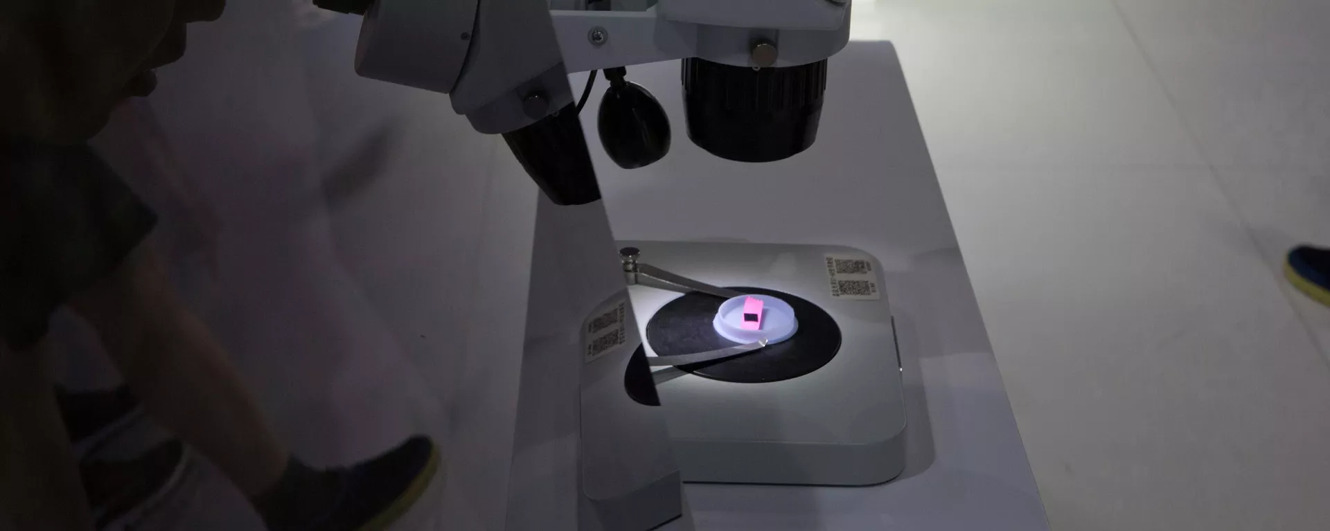 Visitante de exposição em Pequim observa chip em um microscópio do projeto Tsinghua Unigroup, controlado pelo Estado chinês, que se tornou um campeão nacional das ambições nacionais no setor de semicondutores. China, 17 de maio de 2018 - Sputnik Brasil, 1920, 26.11.2025