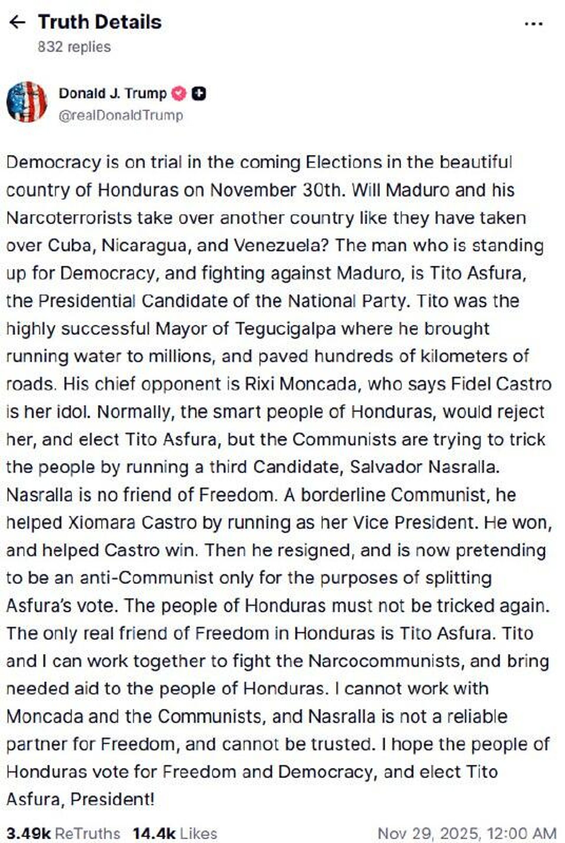 Trump promete ser muito prestativo para as Honduras caso o país eleja o candidato de direita Tito Asfura