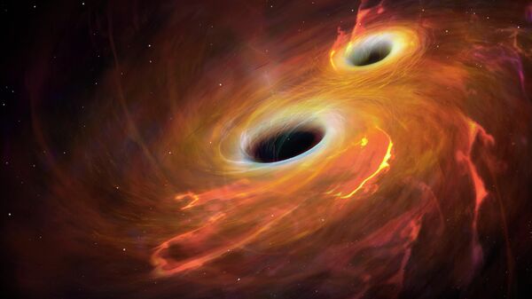 Ilustração de dois buracos negros orbitando um ao outro em um disco de acreção combinado. Eventualmente, os buracos negros irão se fundir, um evento que produzirá ondas gravitacionais, cujo efeito — que distorce o espaço-tempo pela massa viajando em ondas à velocidade da luz — é mais pronunciado onde objetos extremamente massivos estão sujeitos a acelerações extremamente altas - Sputnik Brasil