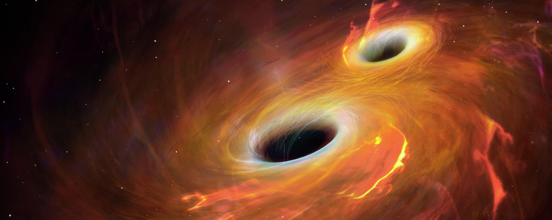 Ilustração de dois buracos negros orbitando um ao outro em um disco de acreção combinado. Eventualmente, os buracos negros irão se fundir, um evento que produzirá ondas gravitacionais, cujo efeito — que distorce o espaço-tempo pela massa viajando em ondas à velocidade da luz — é mais pronunciado onde objetos extremamente massivos estão sujeitos a acelerações extremamente altas - Sputnik Brasil, 1920, 01.12.2025
