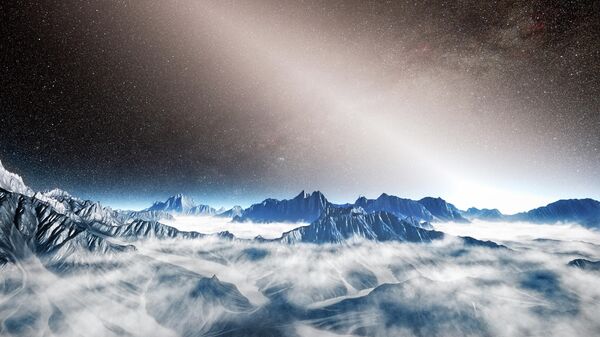 Poeira exozodiacal representada em ilustração artística como uma névoa branca brilhante acima do horizonte de um hipotético planeta habitável orbitando outra estrela - Sputnik Brasil