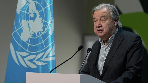 O secretário-geral da ONU, António Guterres, discursa durante uma coletiva de imprensa na COP30, a Cúpula do Clima da ONU, em Belém, Brasil, 20 de novembro de 2025 - Sputnik Brasil