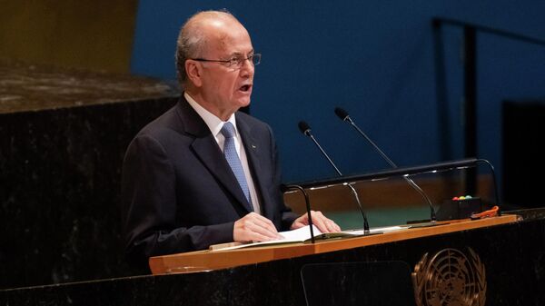 O primeiro-ministro da Autoridade Palestina, Mohammed Mustafa, discursa durante uma Conferência Internacional de Alto Nível para a Solução Pacífica da Questão da Palestina e a Implementação da Solução de Dois Estados, na sede das Nações Unidas, 28 de julho de 2025 - Sputnik Brasil