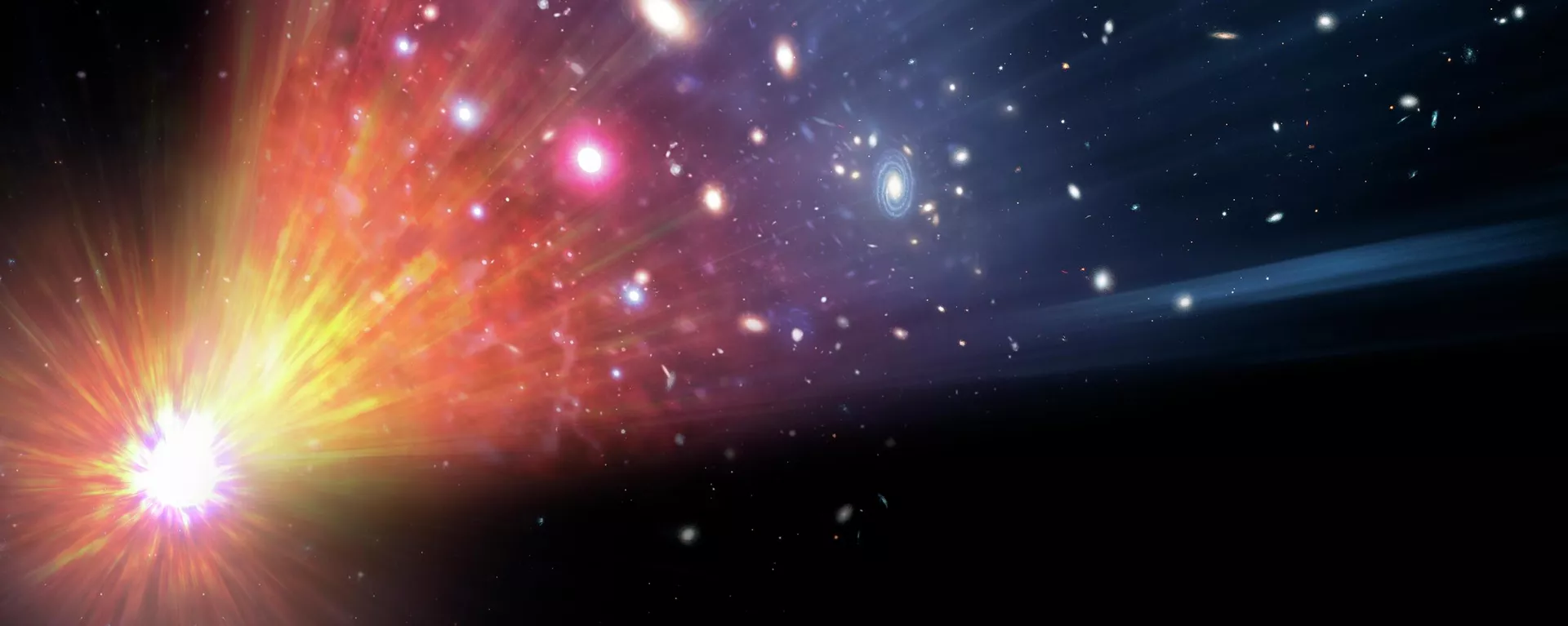 Ilustração mostra a expansão do Universo ao longo do tempo (da parte inferior esquerda para a superior direita). A matéria surge após o Big Bang — a expansão inicial do Universo a partir de um estado extremamente compacto — ocorrido há 13,8 bilhões de anos - Sputnik Brasil, 1920, 14.12.2025