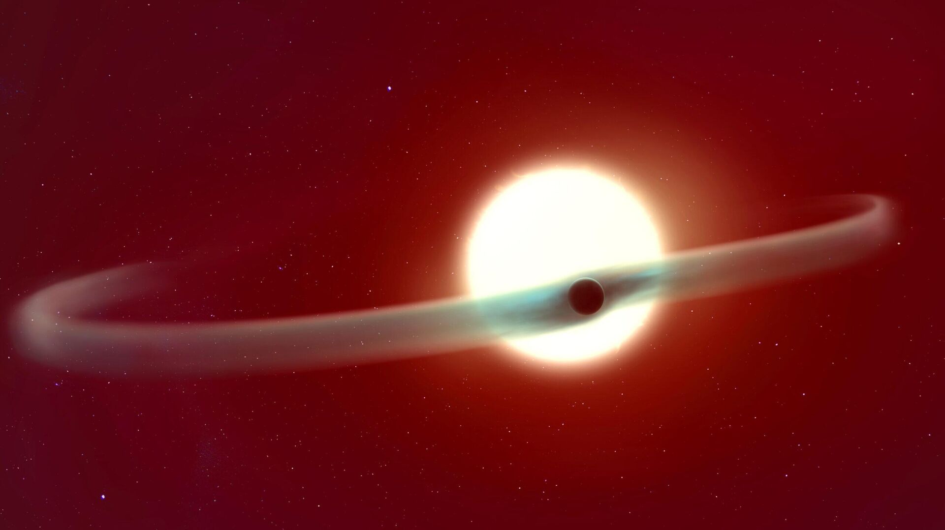 Esta representação artística do exoplaneta WASP-121b mostra sua impressionante cauda dupla de hélio, que abrange quase 60% de sua órbita ao redor de sua estrela hospedeira Esta representação artística do exoplaneta WASP-121b mostra sua impressionante cauda dupla de hélio, que abrange quase 60% de sua órbita ao redor de sua estrela hospedeira - Sputnik Brasil, 1920, 15.12.2025