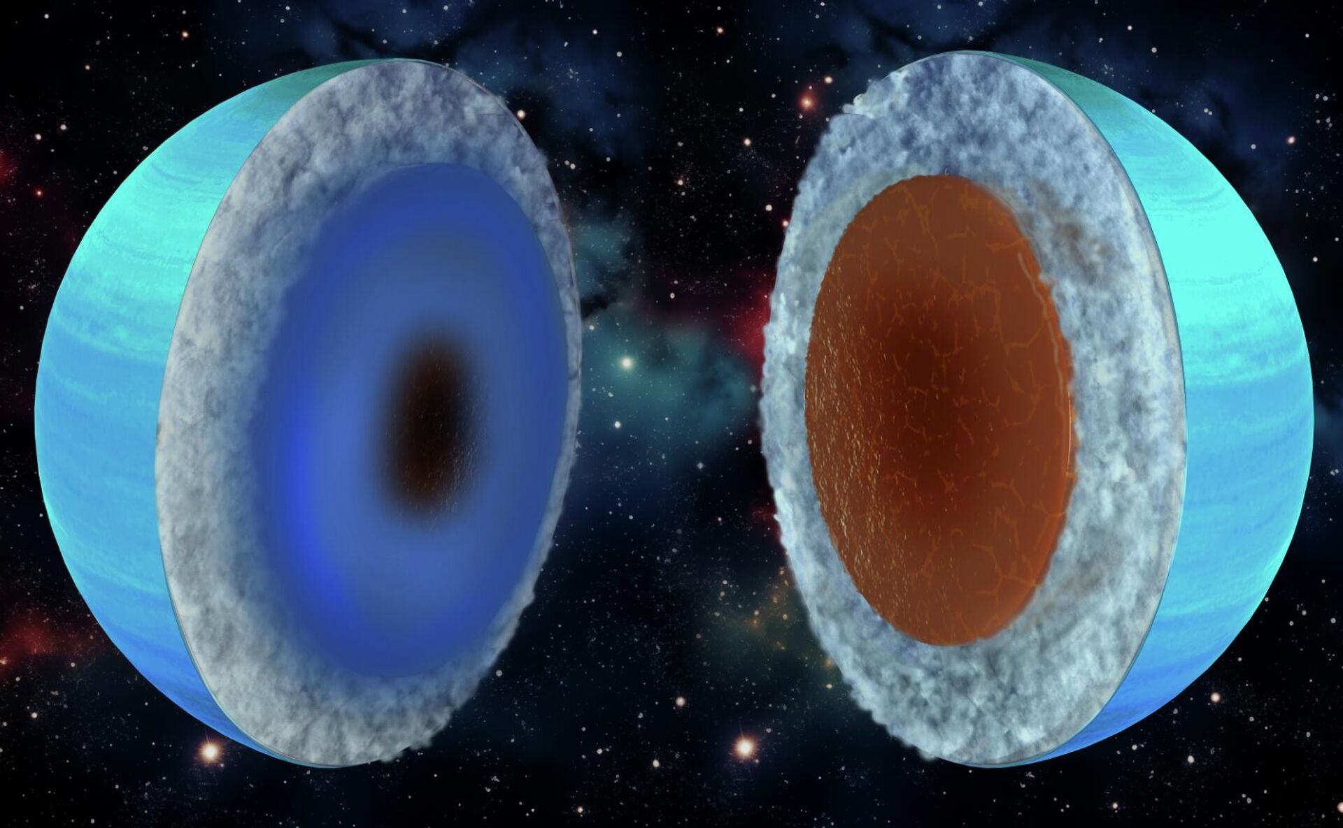 Segundo os pesquisadores, Urano pode ser um gigante de gelo (E) ou um gigante rochoso (D), dependendo das hipóteses do modelo Segundo os pesquisadores, Urano pode ser um gigante de gelo (E) ou um gigante rochoso (D), dependendo das hipóteses do modelo - Sputnik Brasil, 1920, 16.12.2025