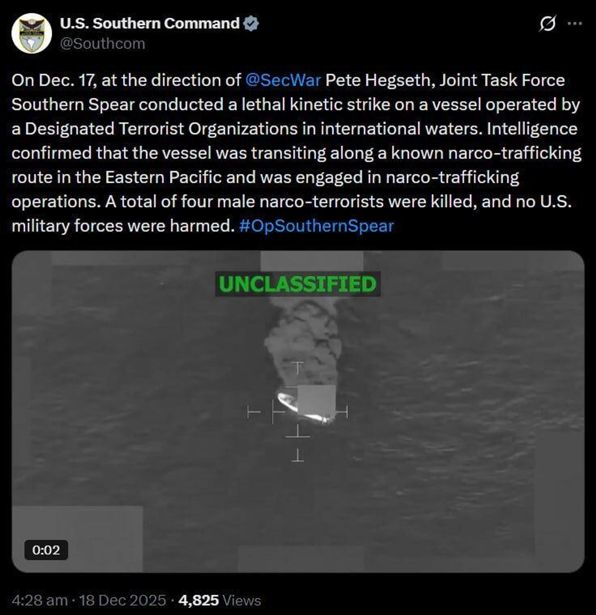 EUA realizam novo ataque contra embarcação no Pacífico EUA realizam novo ataque contra embarcação no Pacífico