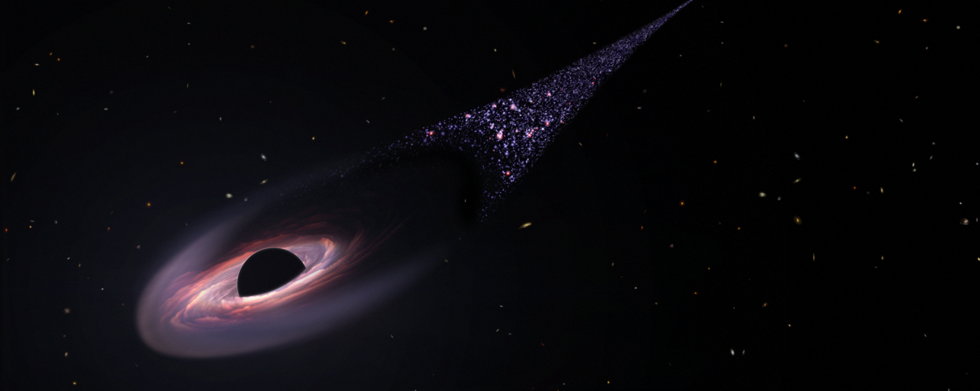 Esta é uma representação artística — baseada em observações do Telescópio Espacial Hubble de um rastro de estrelas de 200.000 anos-luz de comprimento atrás de um buraco negro em fuga — de um buraco negro supermassivo descontrolado, ejetado de sua galáxia hospedeira como resultado de uma disputa entre ele e outros dois buracos negros. À medida que o buraco negro atravessa o espaço intergaláctico, ele comprime o gás rarefeito à sua frente precipitando o nascimento de estrelas azuis quentes - Sputnik Brasil, 1920, 18.12.2025