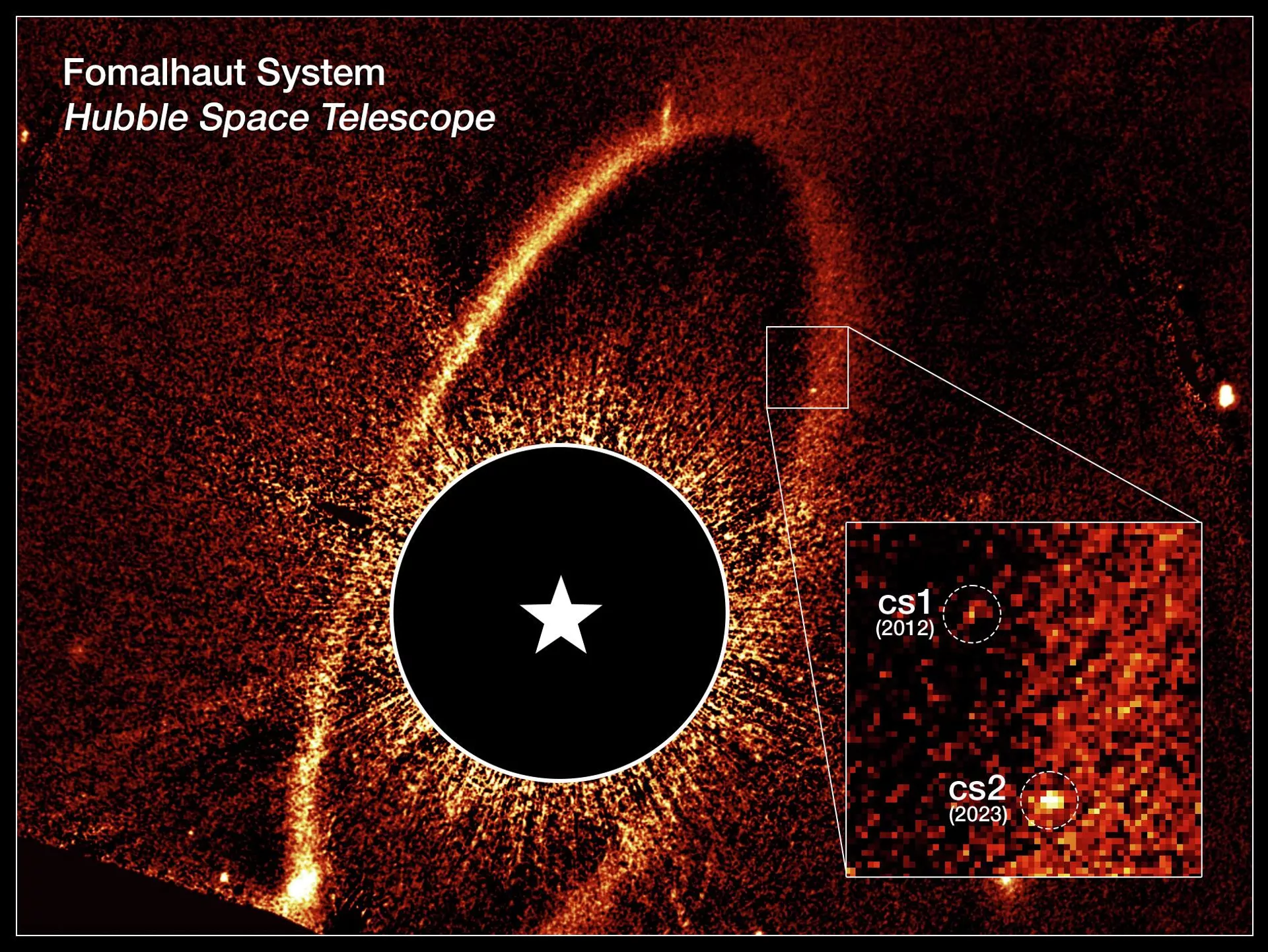 Imagem composta do Telescópio Espacial Hubble mostra o anel de detritos e as nuvens de poeira cs1 e cs2 ao redor da estrela Fomalhaut. A própria Fomalhaut foi ocultada para permitir a visualização de detalhes mais tênues. Sua localização é marcada pela estrela branca - Sputnik Brasil, 1920, 22.12.2025