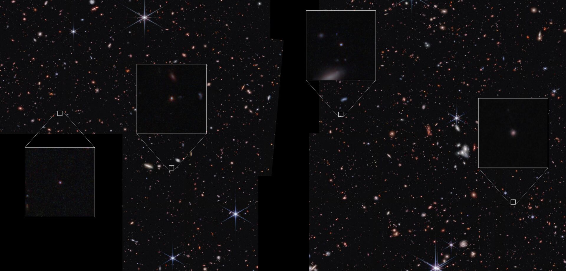 Imagem do Telescópio Espacial James Webb mostrando uma vasta área do espaço com muitas galáxias pequenas, quatro das quais estão destacadas em caixas ampliadas. As quatro galáxias destacadas são muito pequenas, aparecendo como pontos de luz. As áreas pretas na imagem indicam onde o telescópio não coletou dados – uma seção vertical no centro e um quadrado no canto inferior esquerdo