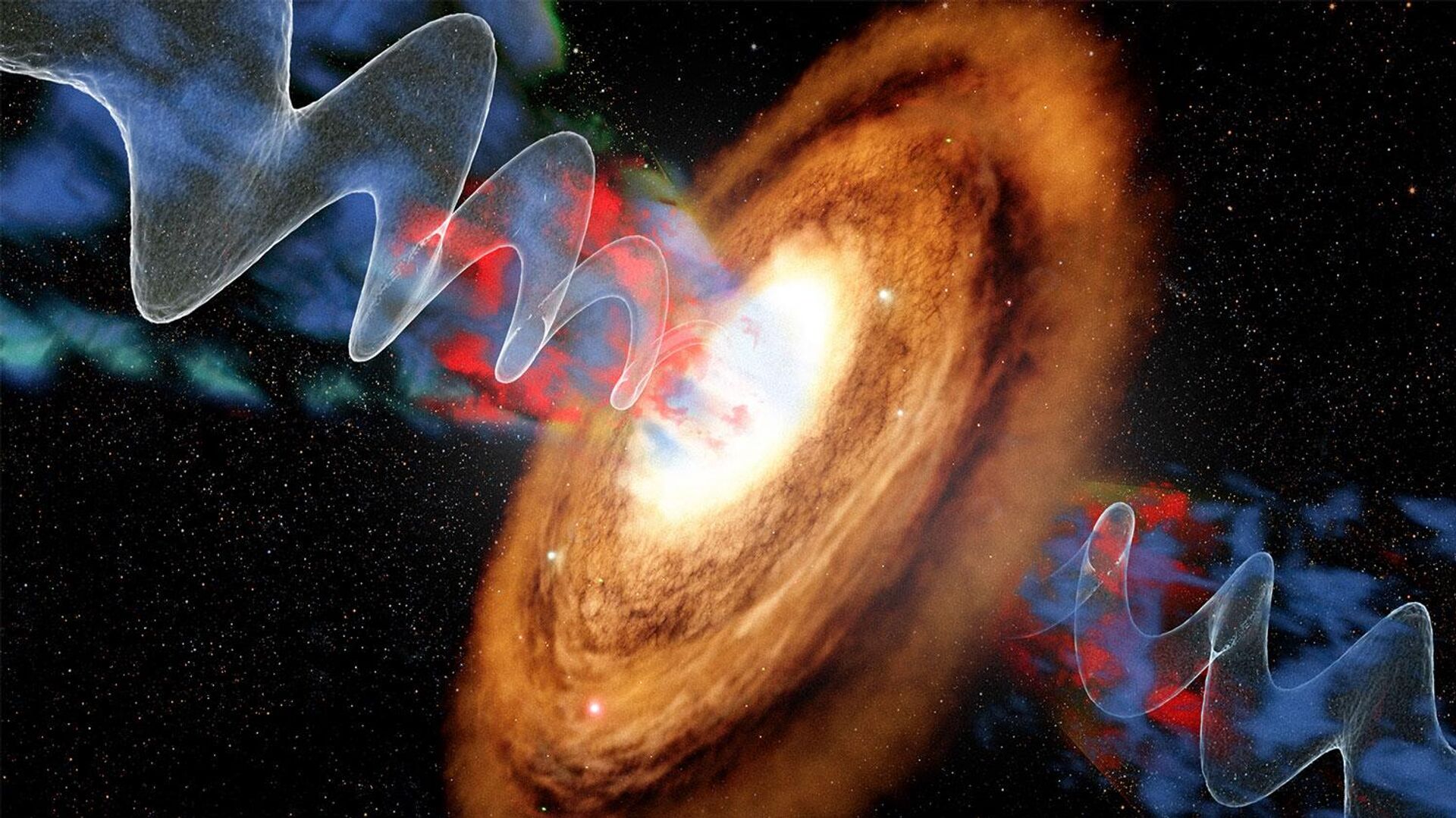 Ilustração artística de um jato em erupção de um buraco negro supermassivo no centro da galáxia VV 340a