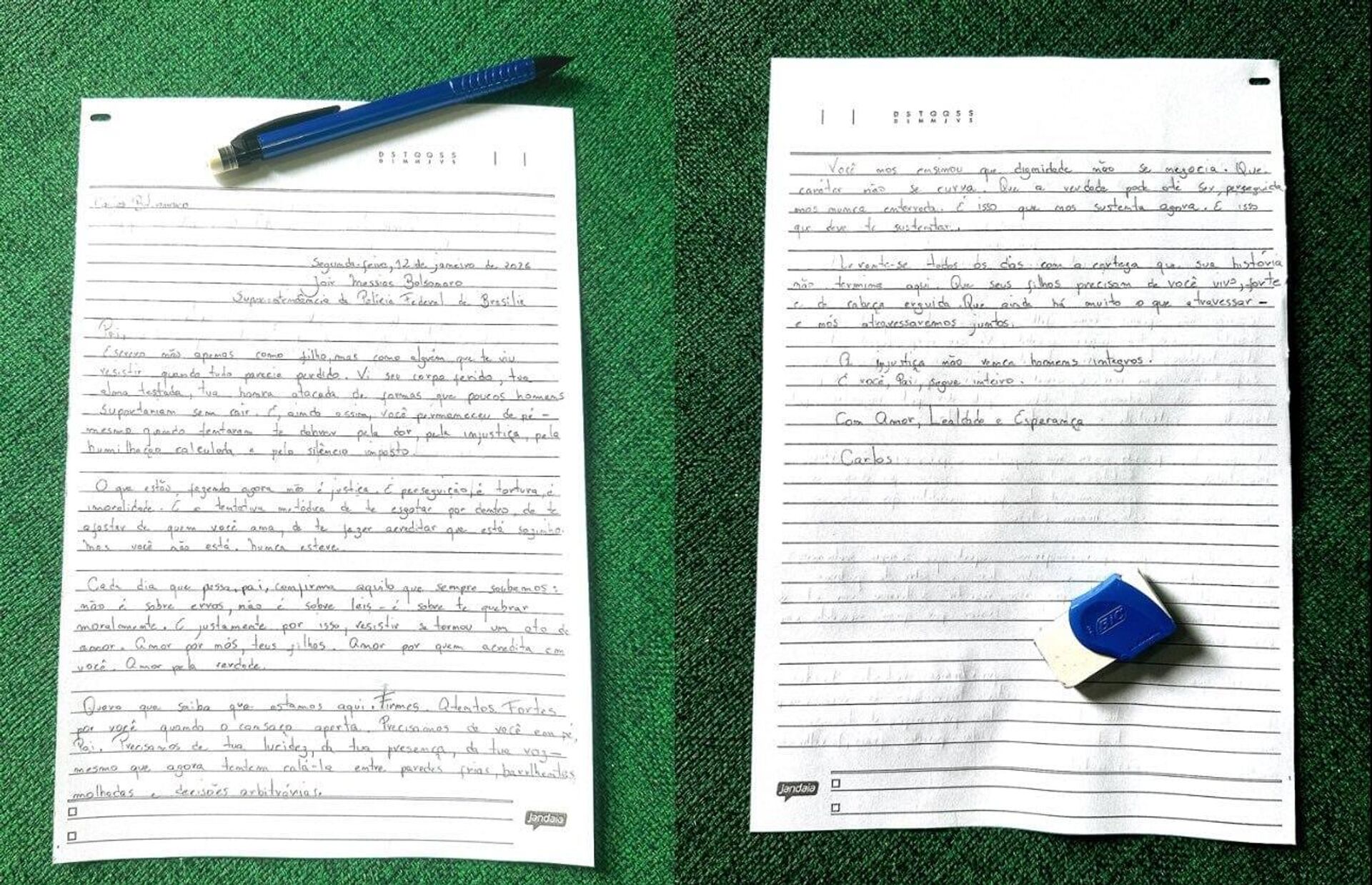 Carlos Bolsonaro divulga carta ao pai com críticas à prisão e declaração de apoio