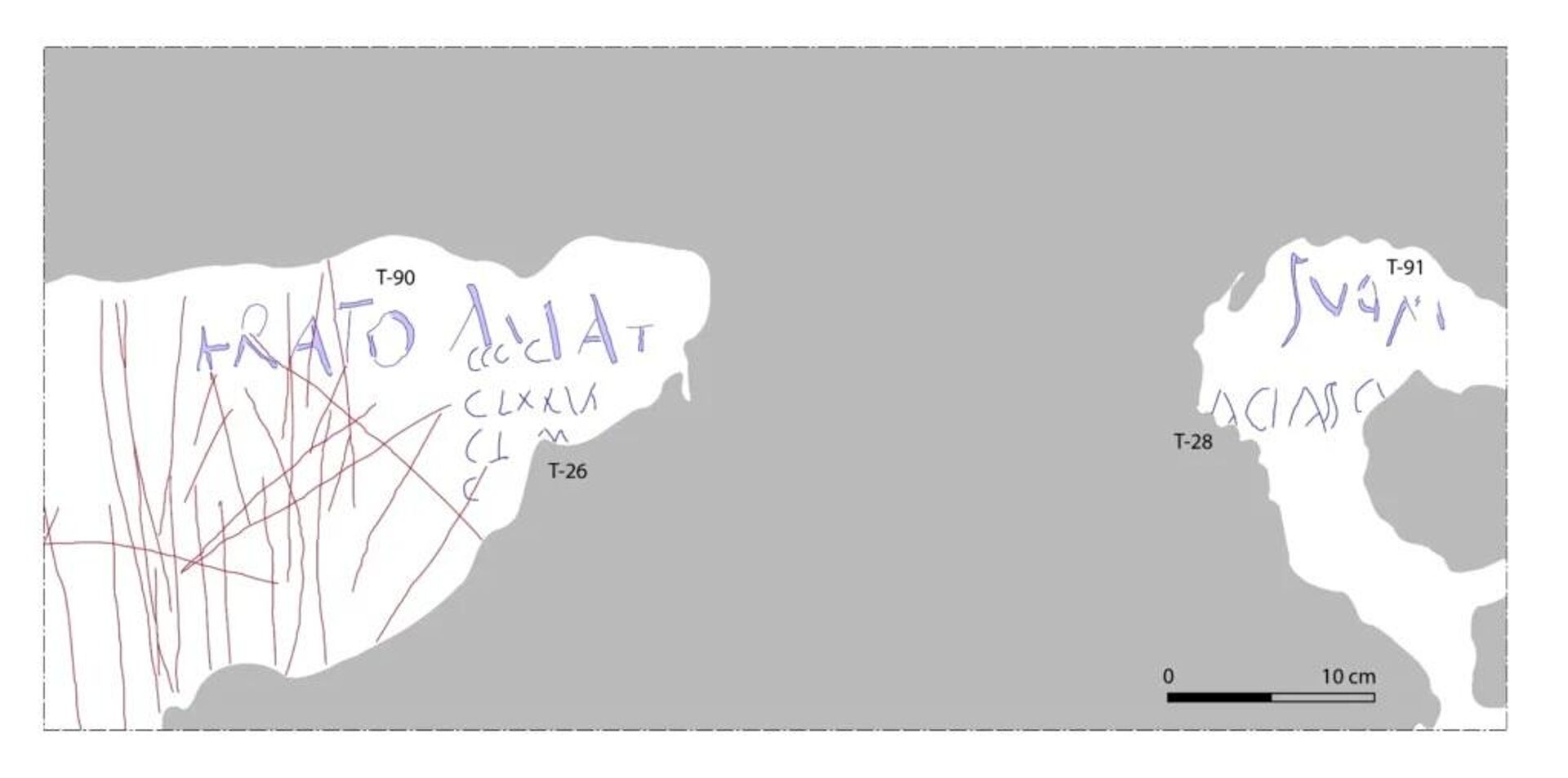 Inscrição com palavras Erato amat..., descoberto na parede no corredor do Grande Teatro, em Pompéia