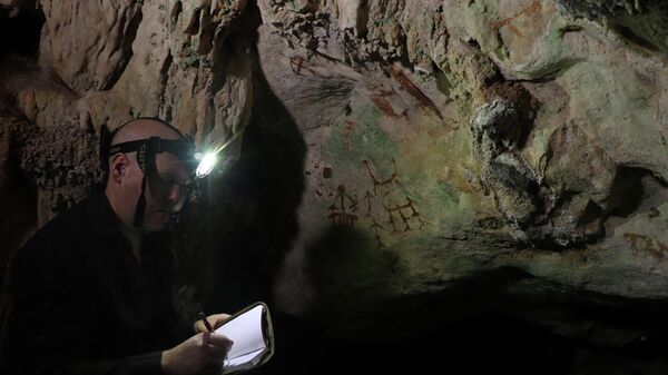O pesquisador Maxime Aubert examina uma antiga pintura rupestre em uma caverna de calcário chamada Liang Metanduno, em Muna, uma pequena ilha satélite ao largo da península sudeste da ilha indonésia de Sulawesi, 21 de janeiro de 2026 - Sputnik Brasil