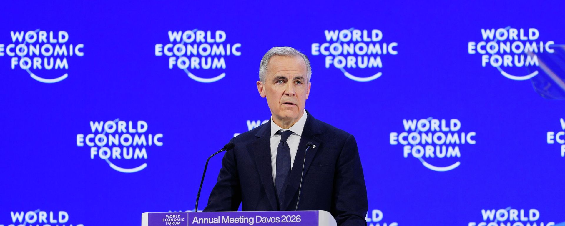 O primeiro-ministro do Canadá, Mark Carney, durante discurso no Fórum Econômico Mundial, em janeiro de 2026 - Sputnik Brasil, 1920, 24.08.2026