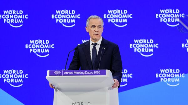 O primeiro-ministro do Canadá, Mark Carney, durante discurso no Fórum Econômico Mundial, em janeiro de 2026 - Sputnik Brasil