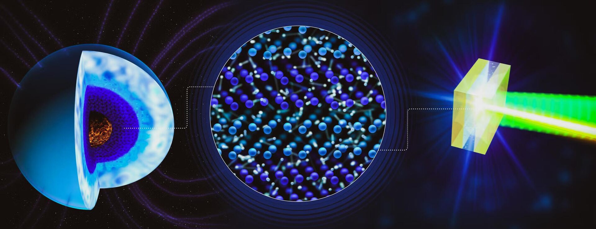 Pesquisadores combinaram raios X ultrarrápidos com instrumentos especializados para estudar as estruturas de empilhamento atômico da água superiônica – uma forma de gelo quente, preta e estranhamente condutora que se acredita existir no centro de planetas gigantes de gelo como Netuno e Urano - Sputnik Brasil, 1920, 26.01.2026