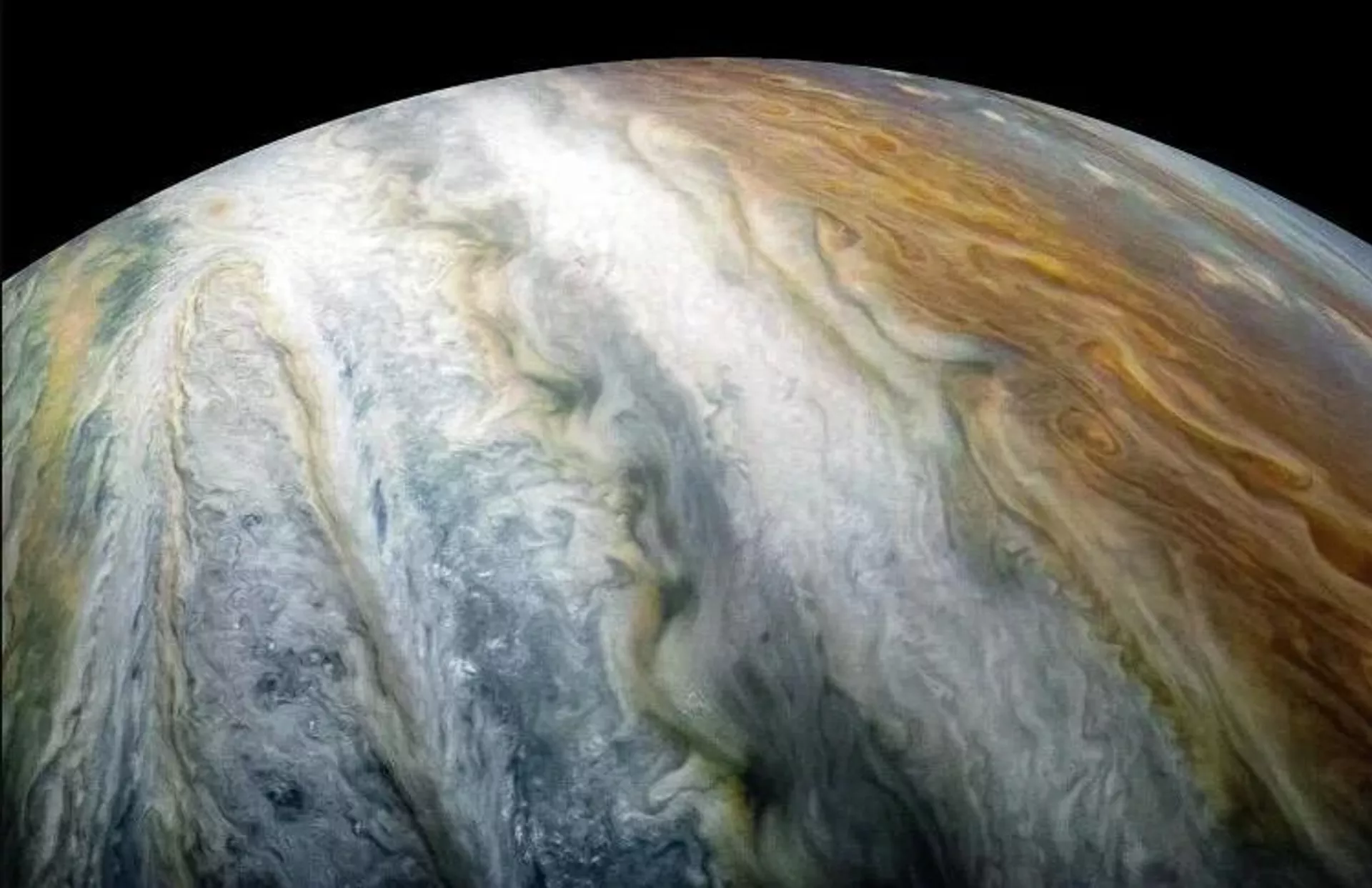 Imagem da atmosfera e nuvens de Júpiter, obtida pela sonda Juno da NASA - Sputnik Brasil, 1920, 29.01.2026