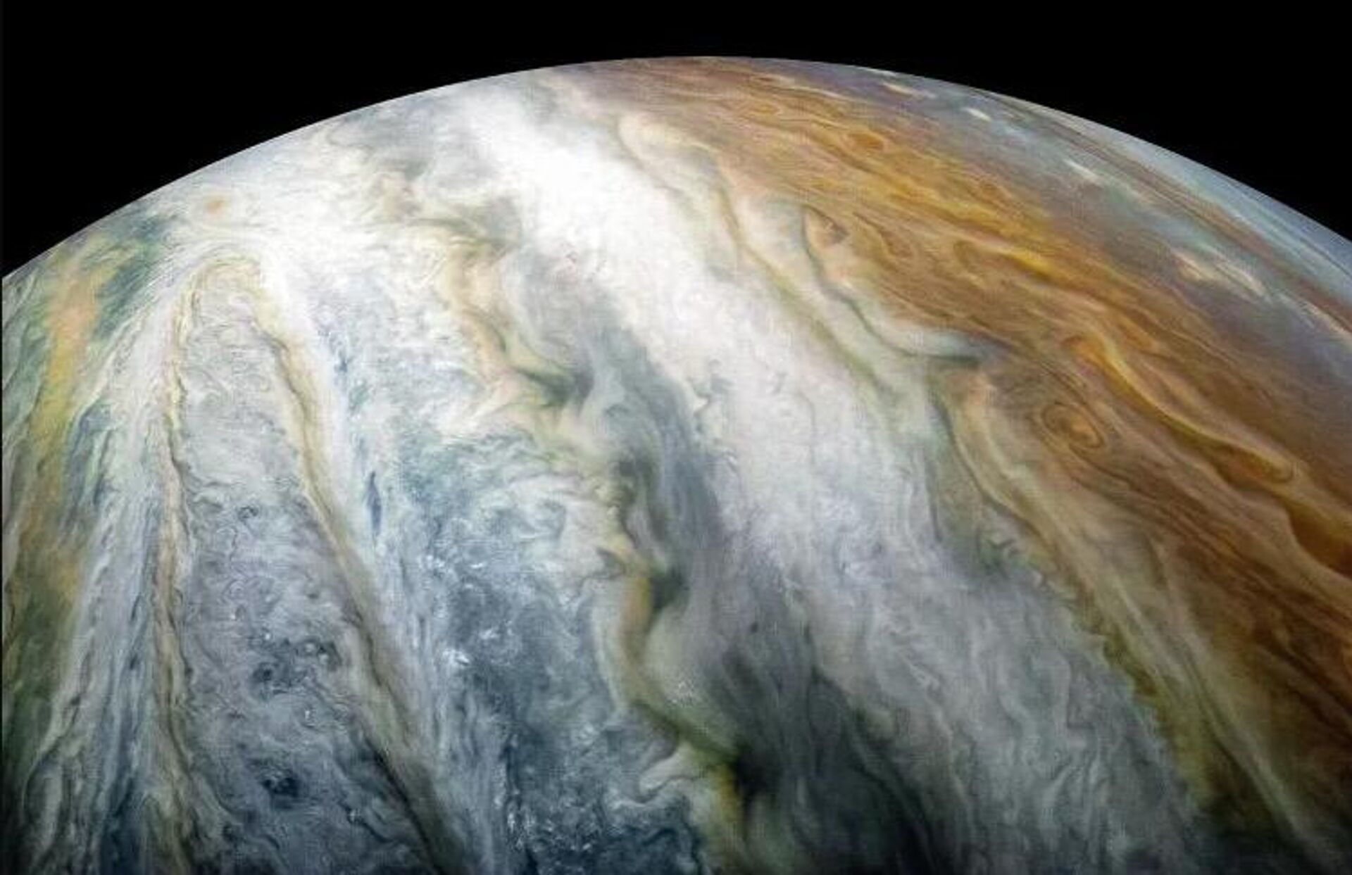 Imagem da atmosfera e nuvens de Júpiter, obtida pela sonda Juno da NASA - Sputnik Brasil, 1920, 29.01.2026