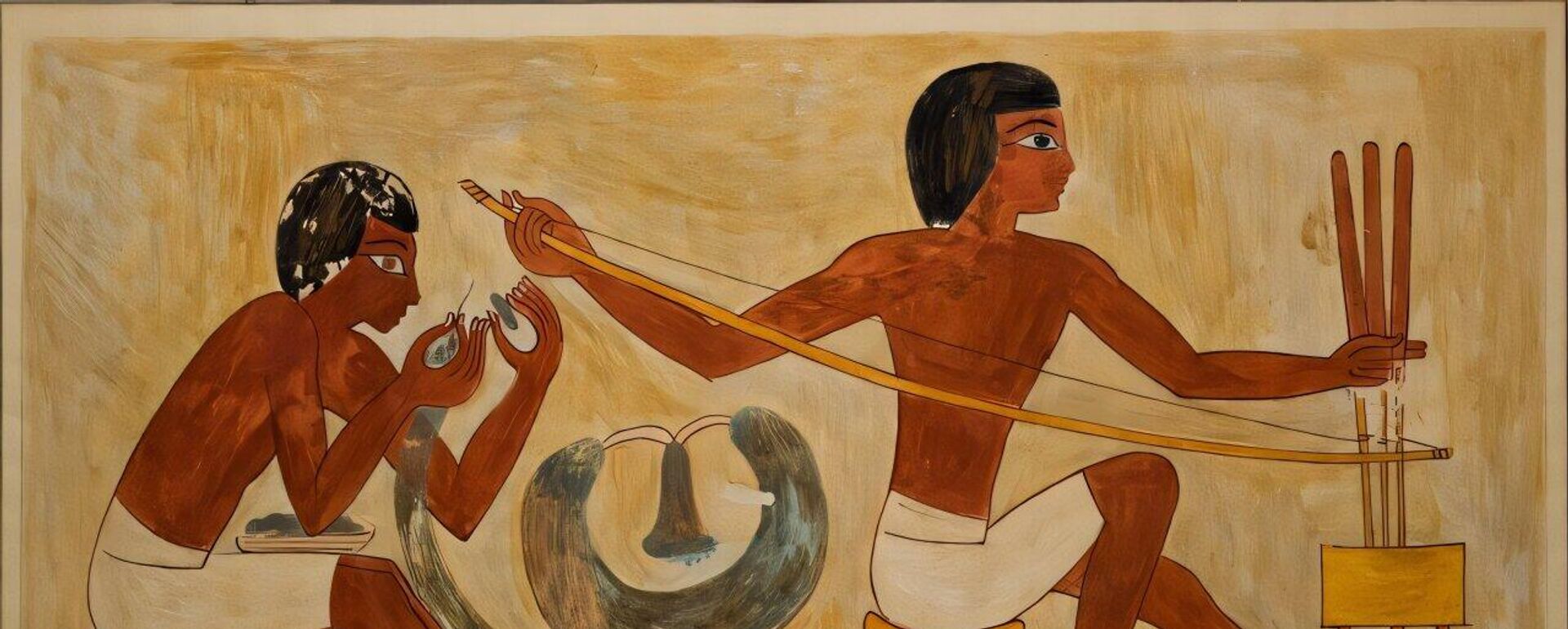 Pintura tumular do Novo Reino, proveniente de Tebas Ocidental, Túmulo de Rekhmire, demonstra broca de arco em ação - Sputnik Brasil, 1920, 10.02.2026