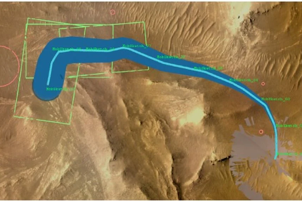 A cor azul nesta imagem mostra como a incerteza do rover sobre sua posição na superfície aumenta à medida que ele segue um conjunto de instruções. O Perseverance percorreu um total de 655 metros nesta imagem, representado pela linha azul clara. O percurso começou no canto inferior direito e terminou no canto superior esquerdo. A incerteza aumentou de zero metros no início do percurso para quase 33 metros no final, como mostrado pela região azul que engrossa progressivamente - Sputnik Brasil