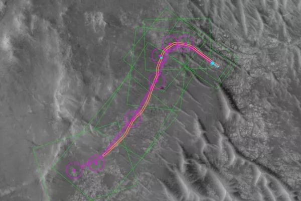 Esta imagem orbital anotada mostra a rota do Perseverance durante seu segundo dia de condução autônoma, em 10 de dezembro de 2025. A linha magenta mostra a rota planejada pela IA e a linha laranja mostra a rota real Esta imagem orbital anotada mostra a rota do Perseverance durante seu segundo dia de condução autônoma, em 10 de dezembro de 2025. A linha magenta mostra a rota planejada pela IA e a linha laranja mostra a rota real - Sputnik Brasil