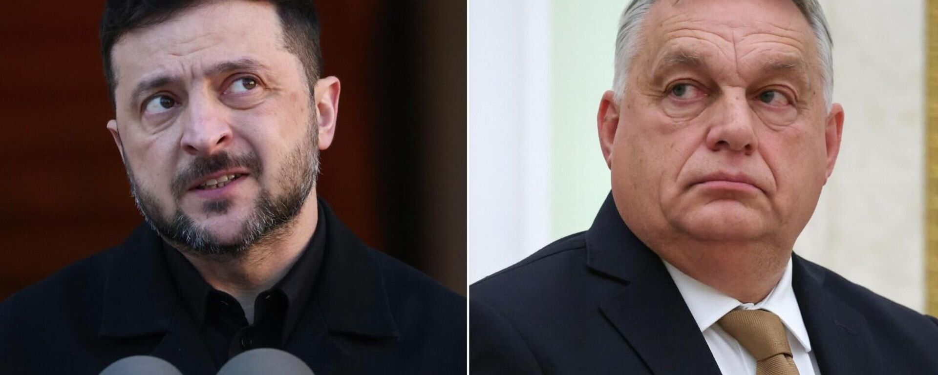 O líder ucraniano Vladimir Zelensky (à esq.) e primeiro-ministro da Hungria, Viktor Orbán (à dir.) - Sputnik Brasil, 1920, 16.02.2026