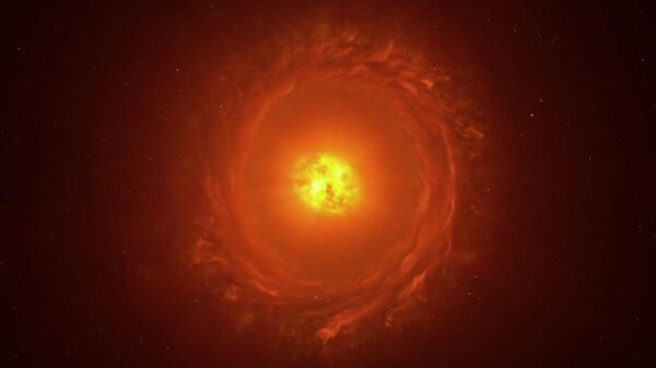Esta imagem mostra uma reconstrução artística da estrela WOH G64, a primeira estrela fora da nossa galáxia a ser fotografada em close-up. Ela está localizada a uma distância impressionante de mais de 160.000 anos-luz na Grande Nuvem de Magalhães - Sputnik Brasil