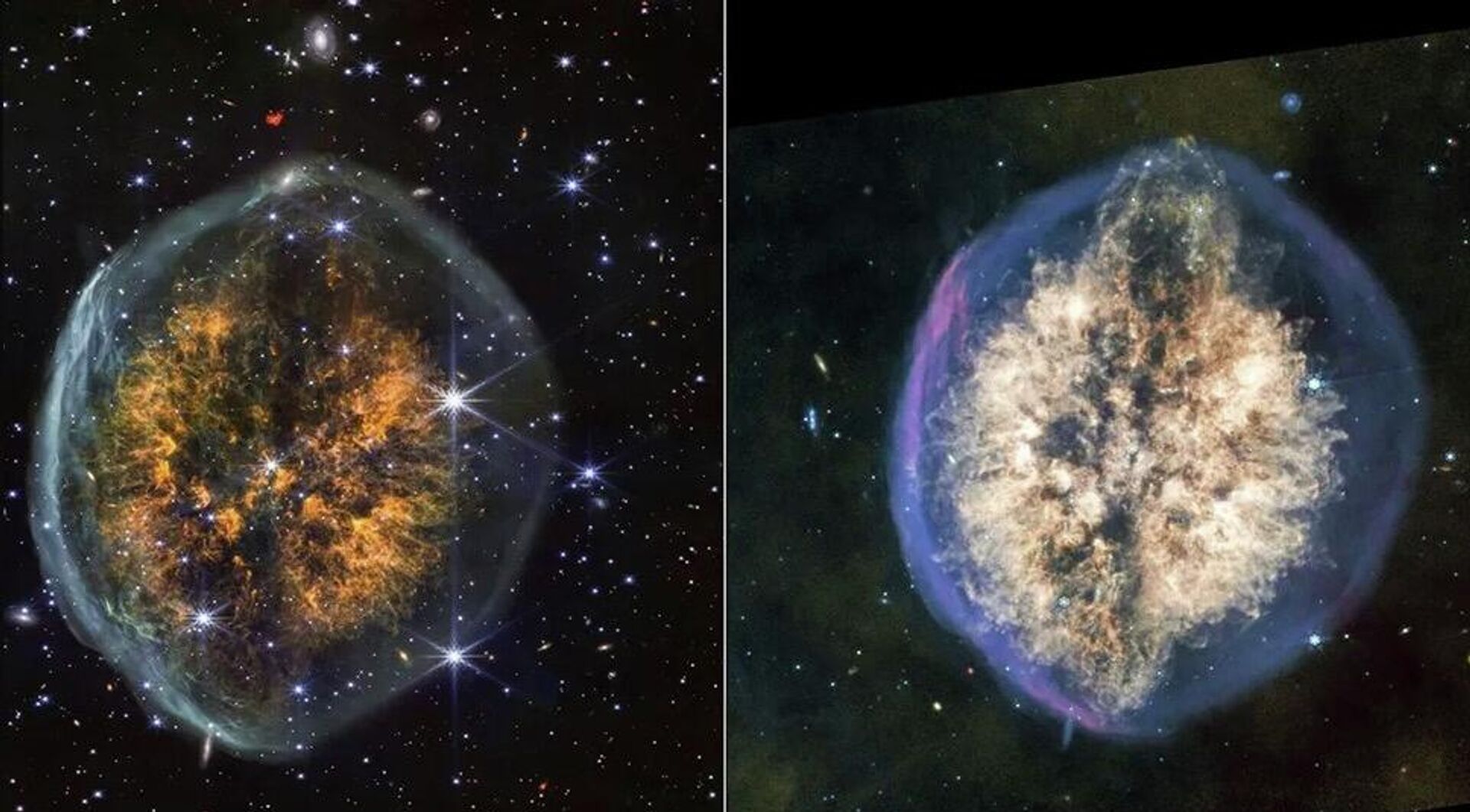 À esquerda, vemos a imagem da Nebulosa do Crânio Exposto obtido pelo JWST no infravermelho próximo, e à direita, a imagem no infravermelho médio, com comprimento de onda maior. Inúmeras galáxias distantes compõem o fundo da imagem