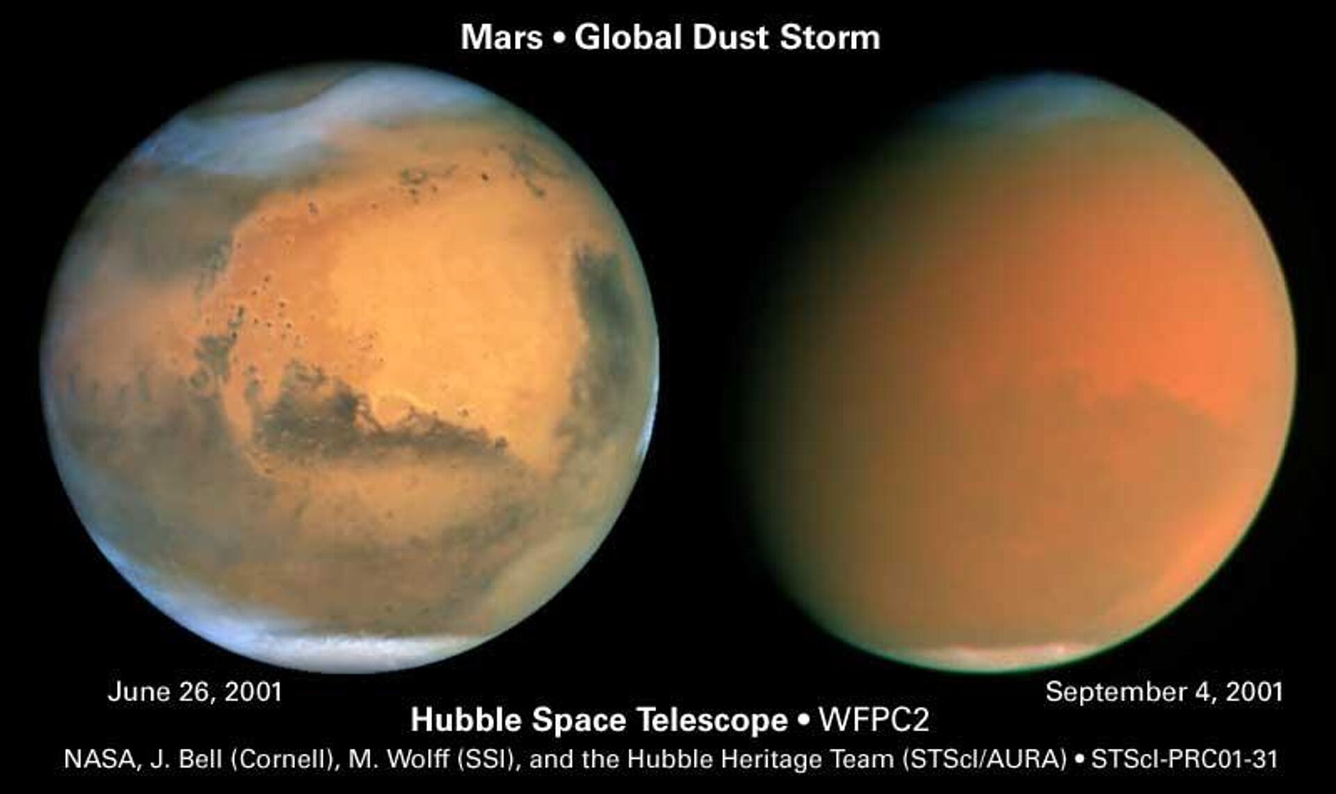 Marte é propenso a tempestades de poeira extremas e outros eventos climáticos. À esquerda, uma representação atmosférica do planeta em 26 de junho de 2001; à direita, Marte imerso em uma tempestade de areia global em 4 de setembro do mesmo ano, segundo observações do Hubble