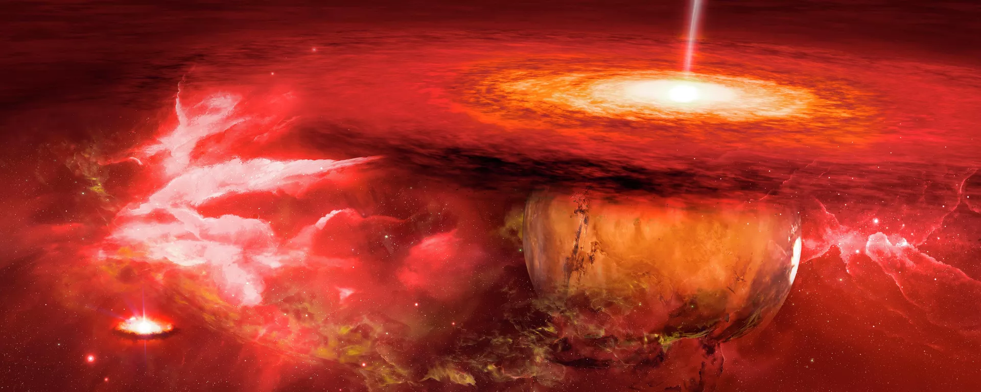 Ilustração retrata um planeta vermelho atingido por um raio no centro de uma nebulosa - Sputnik Brasil, 1920, 01.03.2026