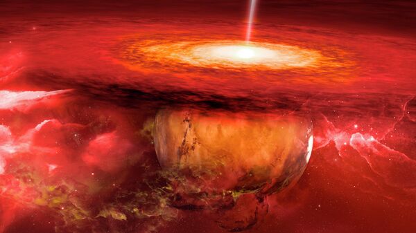 Ilustração retrata um planeta vermelho atingido por um raio no centro de uma nebulosa - Sputnik Brasil