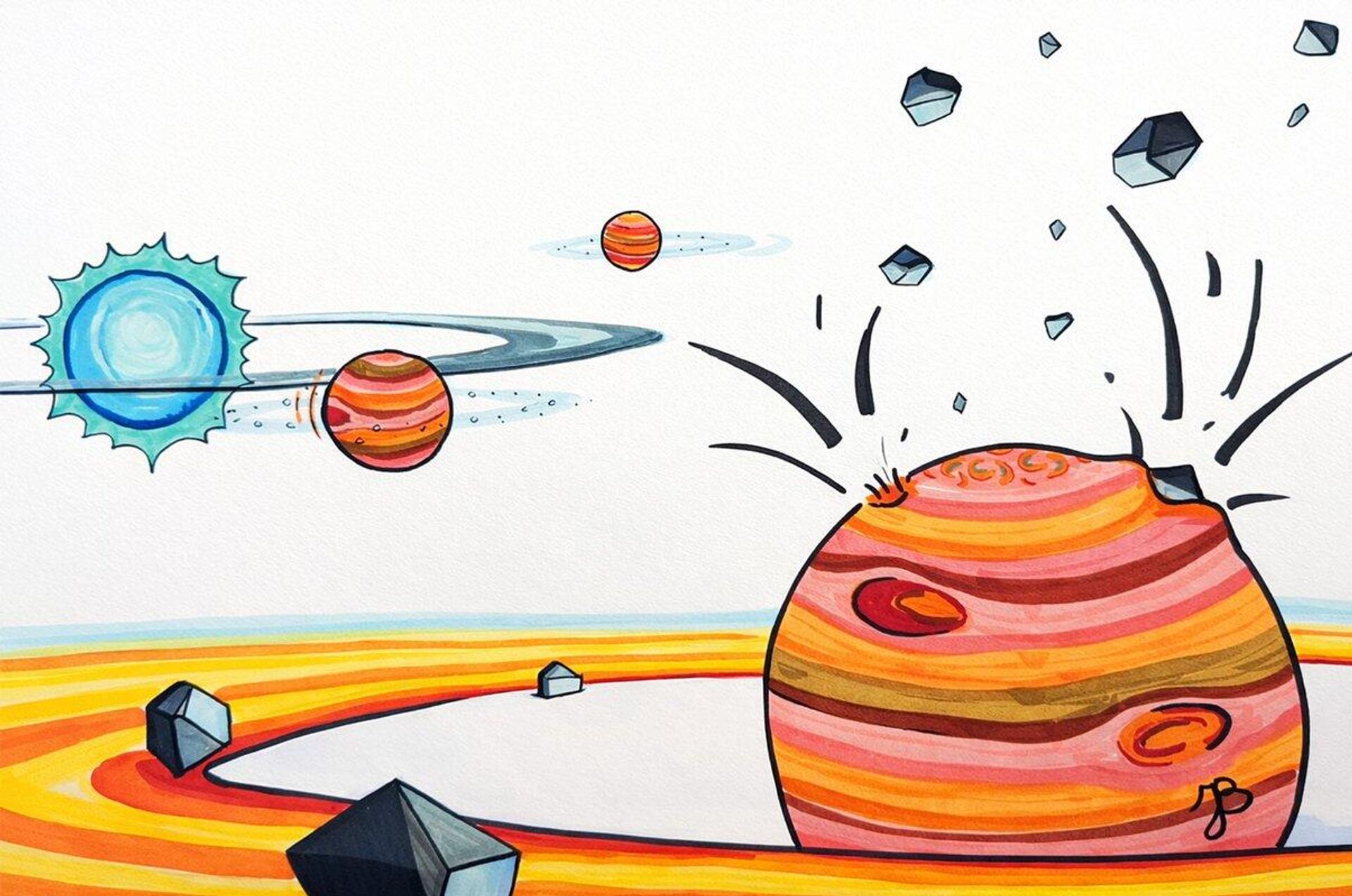 Os três planetas internos que orbitam a estrela HR 8799 foram capturados pelo JWST em 2023. A análise espectral detectou sulfeto de hidrogênio na atmosfera de HR 8799c, indicando que o planeta massivo se formou por acreção de núcleo