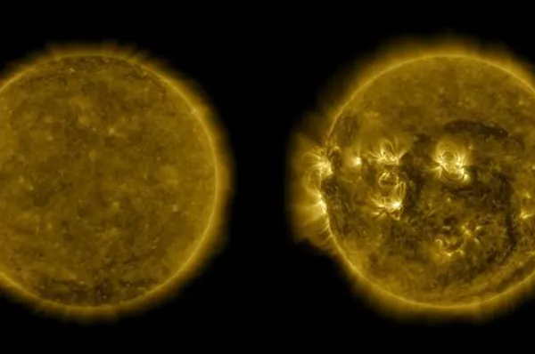 O Sol em ultravioleta, visto pelo Observatório de Dinâmica Solar da NASA, durante dois períodos: um durante o mínimo solar recente, por volta de 2019, e o máximo solar que o precedeu, quando o Sol estava muito mais ativo O Sol em ultravioleta, visto pelo Observatório de Dinâmica Solar da NASA, durante dois períodos: um durante o mínimo solar recente, por volta de 2019, e o máximo solar que o precedeu, quando o Sol estava muito mais ativo - Sputnik Brasil