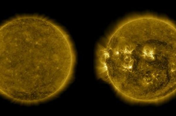 O Sol em ultravioleta, visto pelo Observatório de Dinâmica Solar da NASA, durante dois períodos: um durante o mínimo solar recente, por volta de 2019, e o máximo solar que o precedeu, quando o Sol estava muito mais ativo - Sputnik Brasil